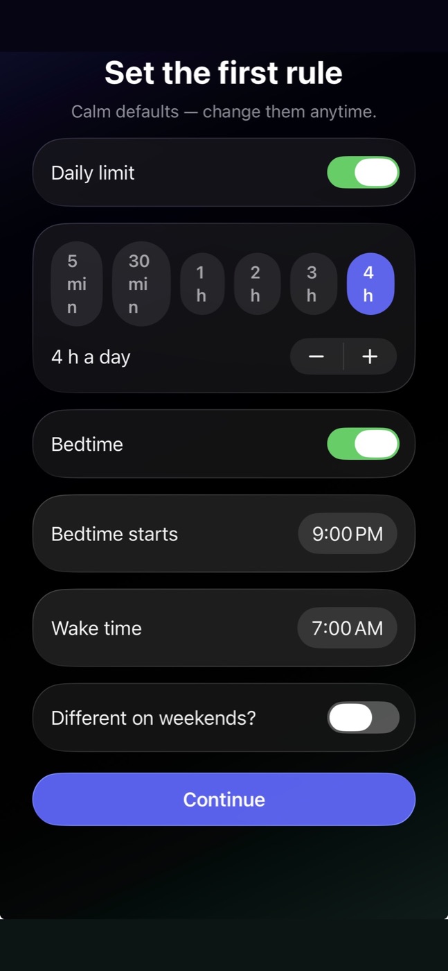 Rulely's rule screen: a daily limit picker and a bedtime with start and wake times.